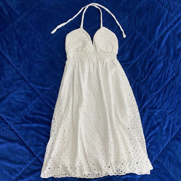 White Tied Neck Backless Eyelet Lace Midi Babydoll Dress - Picture 1 of 6
